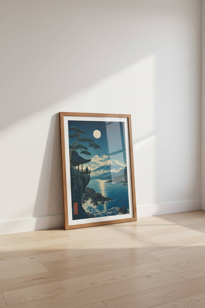 Mt Fuji Japanese Wall Art Print | Navy Blue Moon Poster | Zen Bedroom Decor