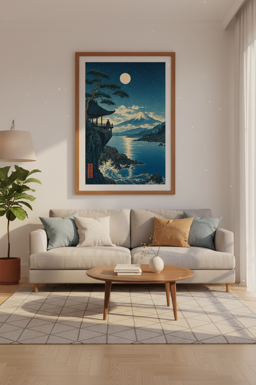 Mt Fuji Japanese Wall Art Print | Navy Blue Moon Poster | Zen Bedroom Decor
