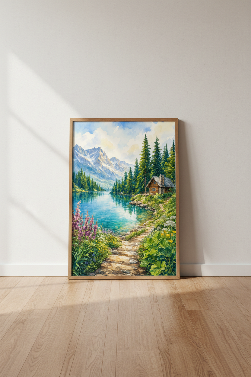 Mountain Cabin Lake Wall Art | Rustic Watercolor Landscape Print | Nature Decor Poster