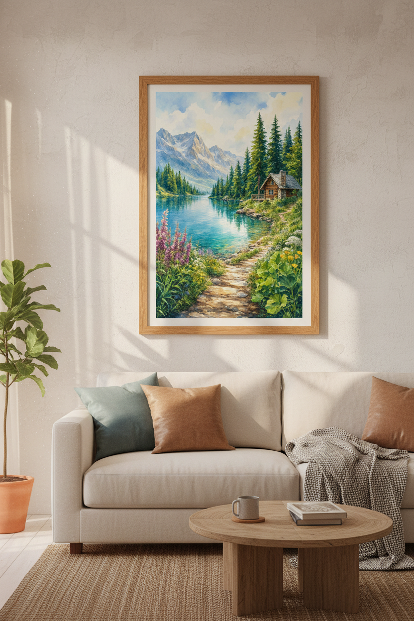 Mountain Cabin Lake Wall Art | Rustic Watercolor Landscape Print | Nature Decor Poster