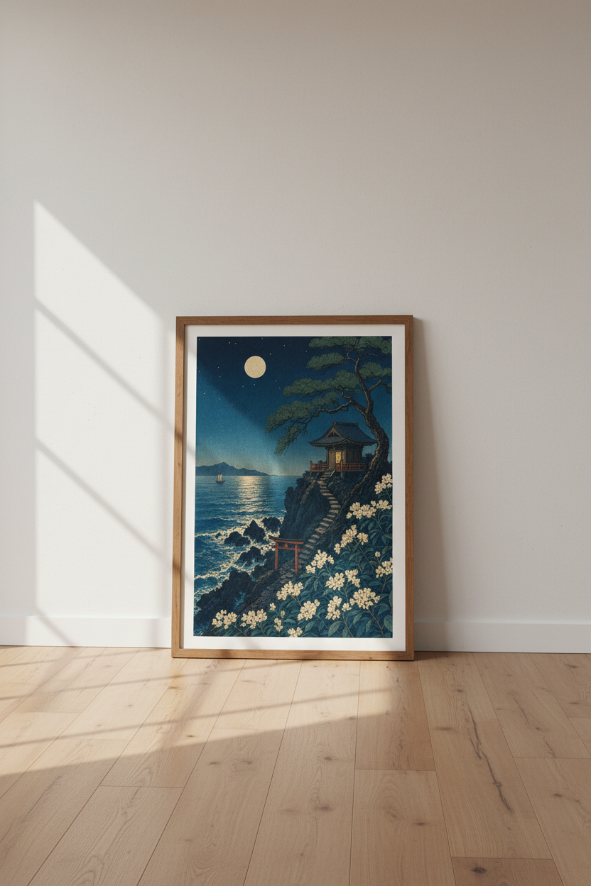 Japanese Pagoda Moonlit Night Wall Art | Zen Ocean Poster, Indigo Lake Decor
