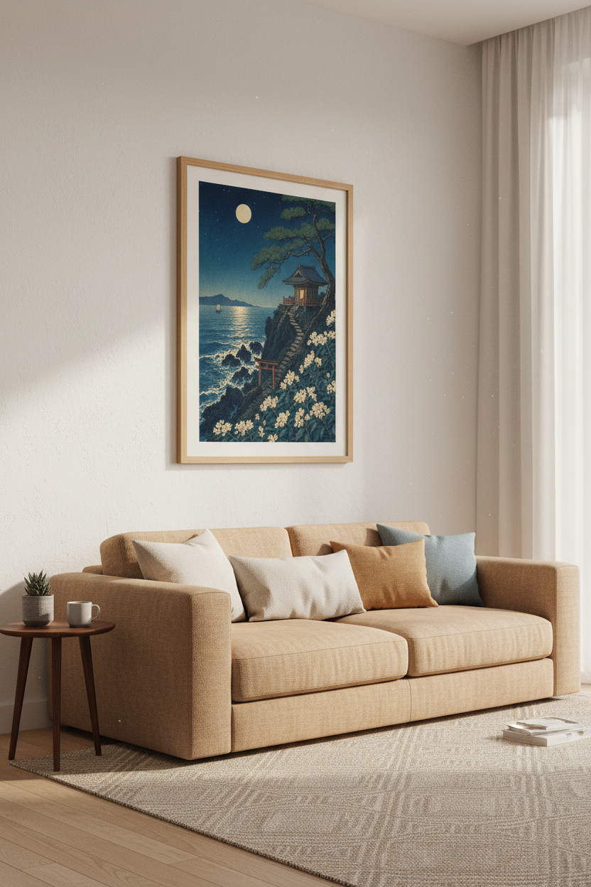 Japanese Pagoda Moonlit Night Wall Art | Zen Ocean Poster, Indigo Lake Decor