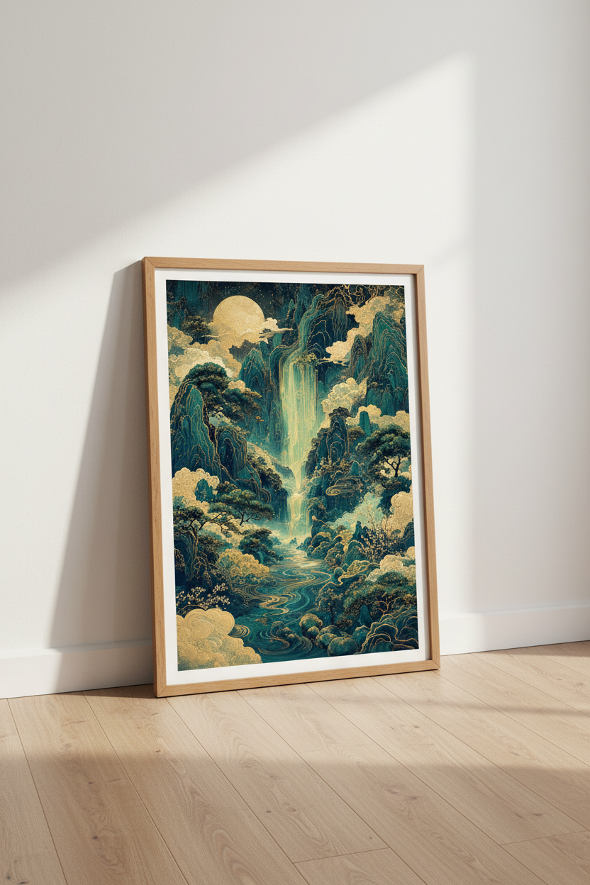 Celestial Japanese Waterfall Print | Teal &amp; Gold Mountain Decor | Zen Landscape Poster