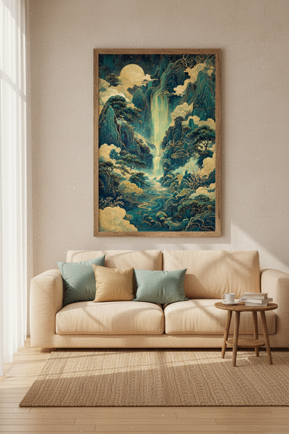 Celestial Japanese Waterfall Print | Teal &amp; Gold Mountain Decor | Zen Landscape Poster