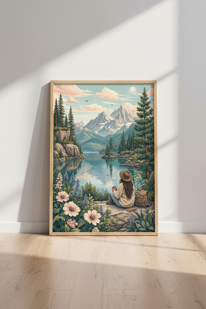 Mountain Lake Landscape Wall Art | Pastel Nature Poster, Adventure Decor