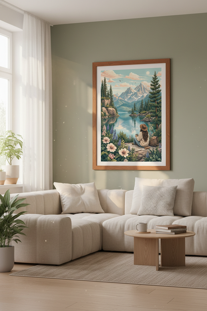 Mountain Lake Landscape Wall Art | Pastel Nature Poster, Adventure Decor