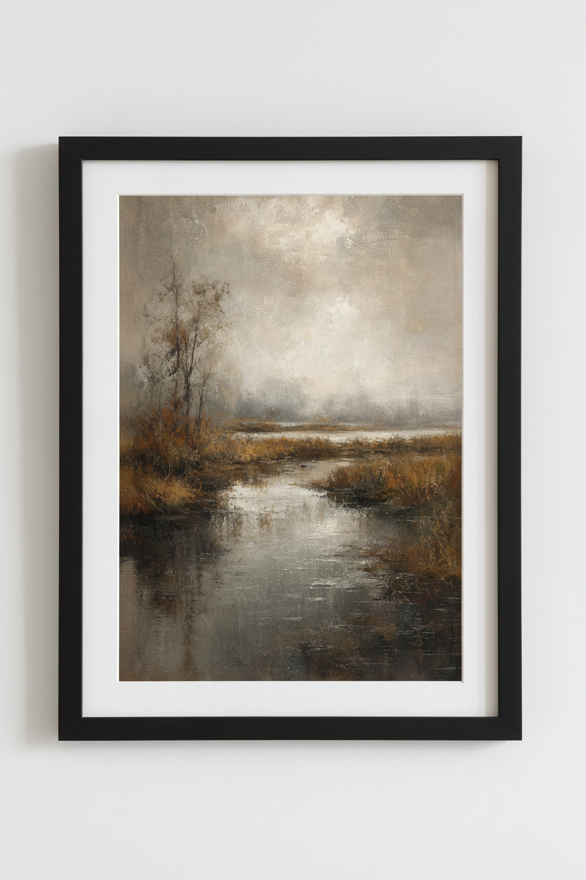 Moody Misty Marshland Landscape Art | Neutral Earth Tone Decor | Rustic Poster
