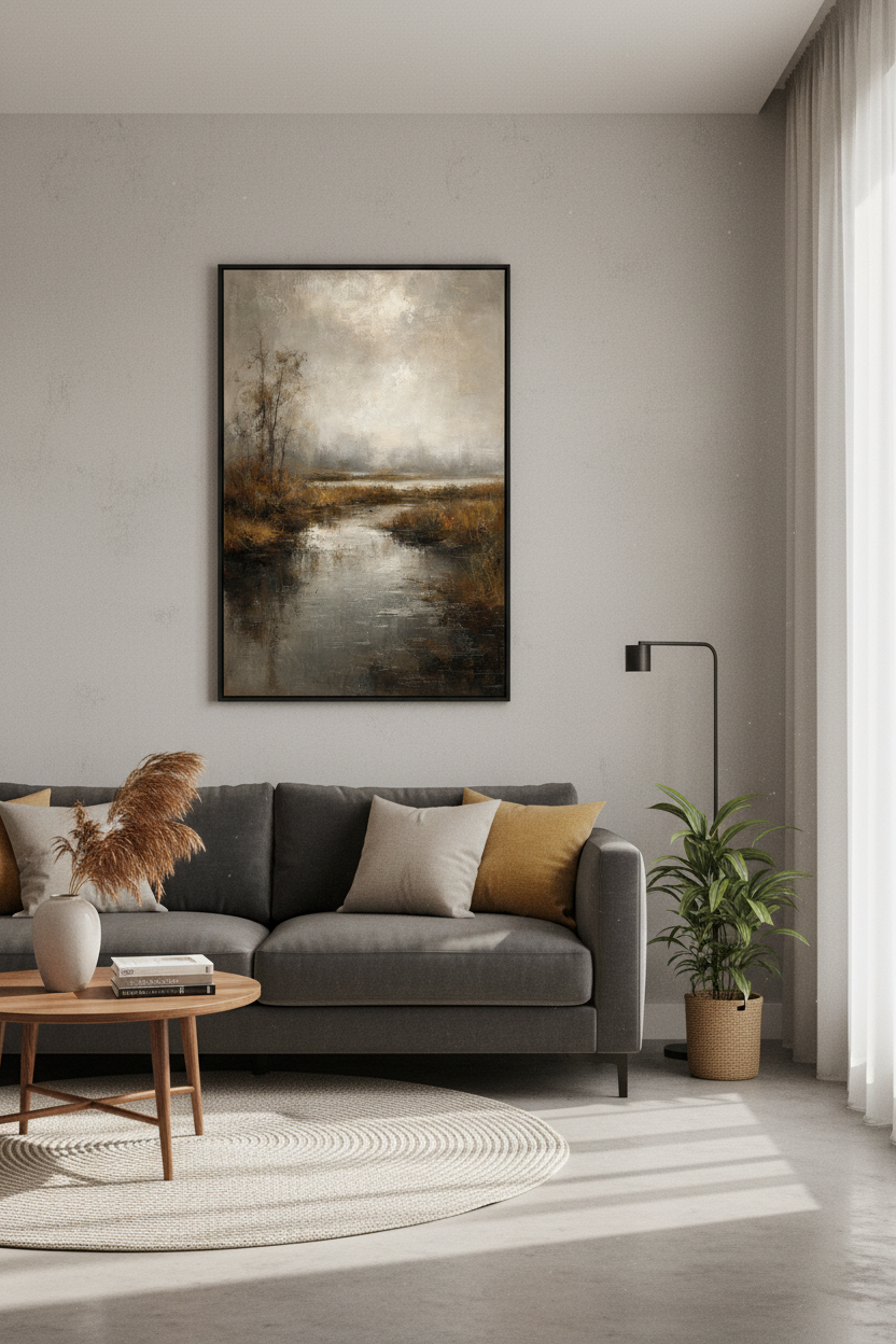 Moody Misty Marshland Landscape Art | Neutral Earth Tone Decor | Rustic Poster