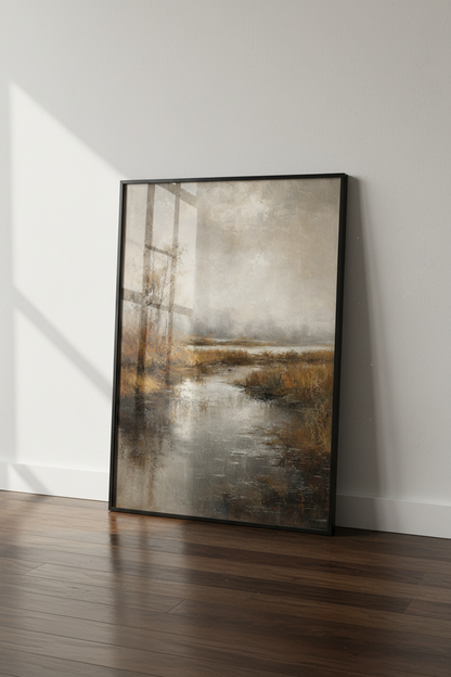 Moody Misty Marshland Landscape Art | Neutral Earth Tone Decor | Rustic Poster