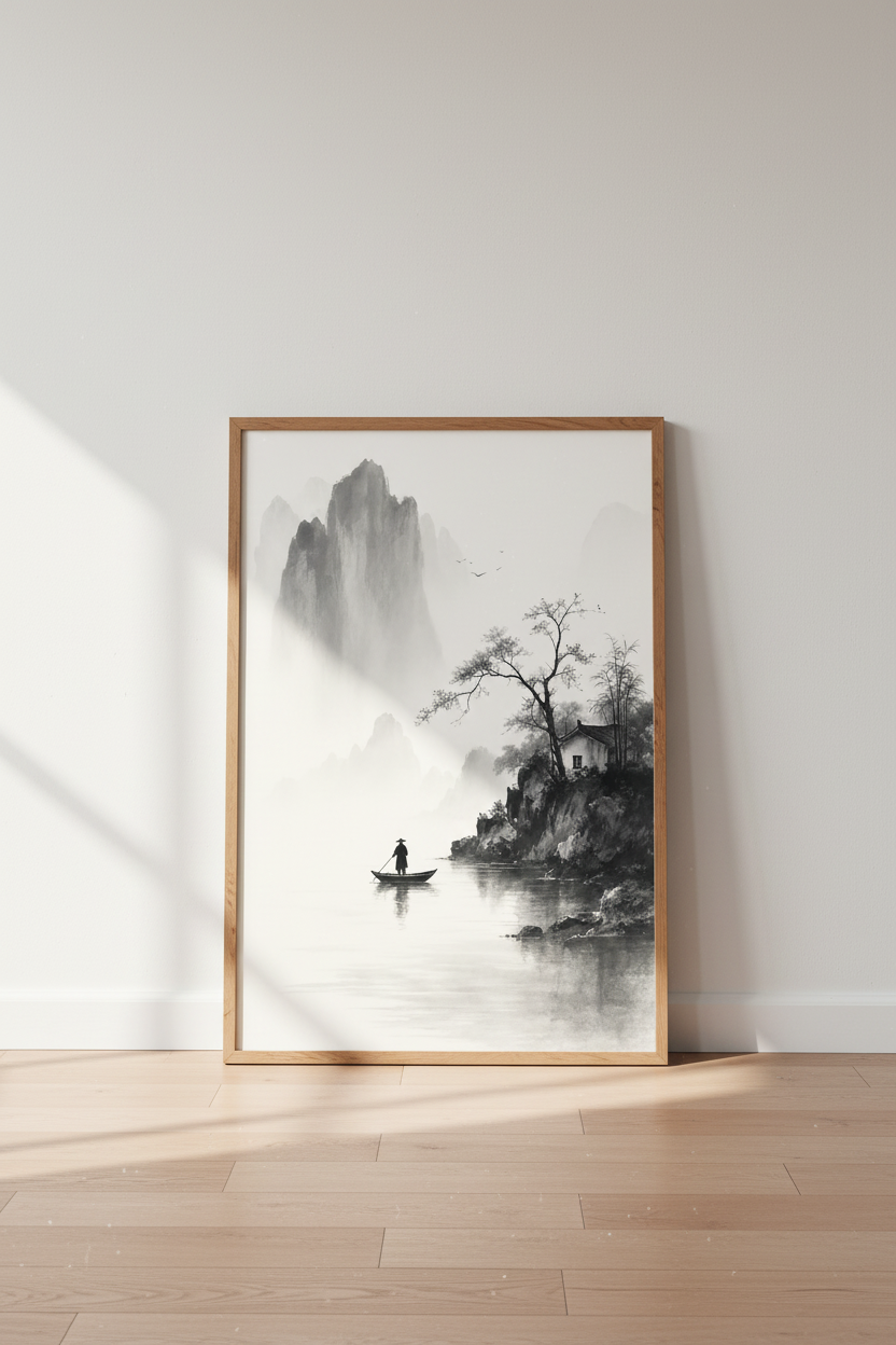 Japanese Ink Wash Landscape Art | Zen Misty Mountain Print, Minimalist Japandi Decor