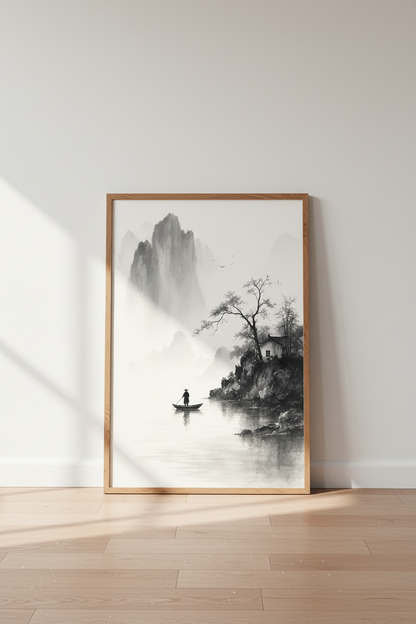 Japanese Ink Wash Landscape Art | Zen Misty Mountain Print, Minimalist Japandi Decor