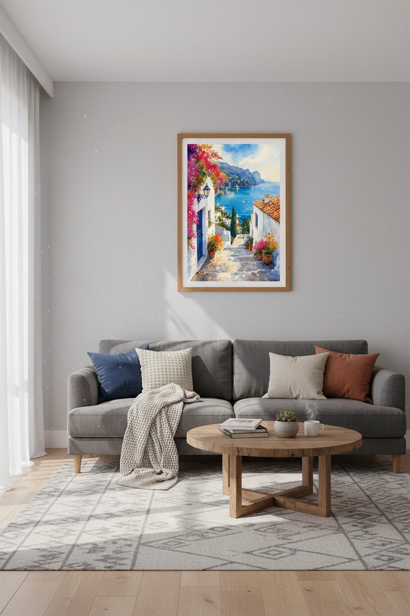 Mediterranean Village Watercolor Print | Coastal Wall Art | Blue Greece Poster