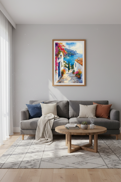 Mediterranean Village Watercolor Print | Coastal Wall Art | Blue Greece Poster