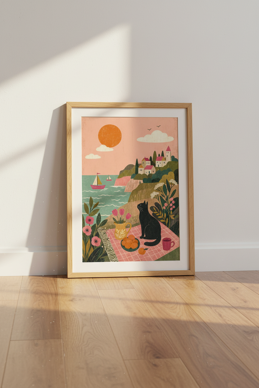 Black Cat Coastal Picnic Art | Pastel Boho Mediterranean Poster, Living Room Decor