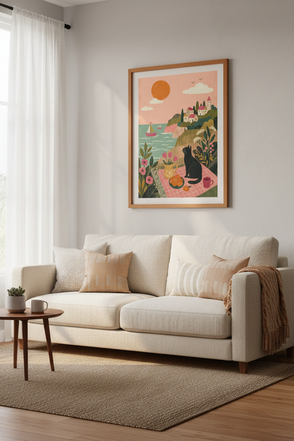 Black Cat Coastal Picnic Art | Pastel Boho Mediterranean Poster, Living Room Decor