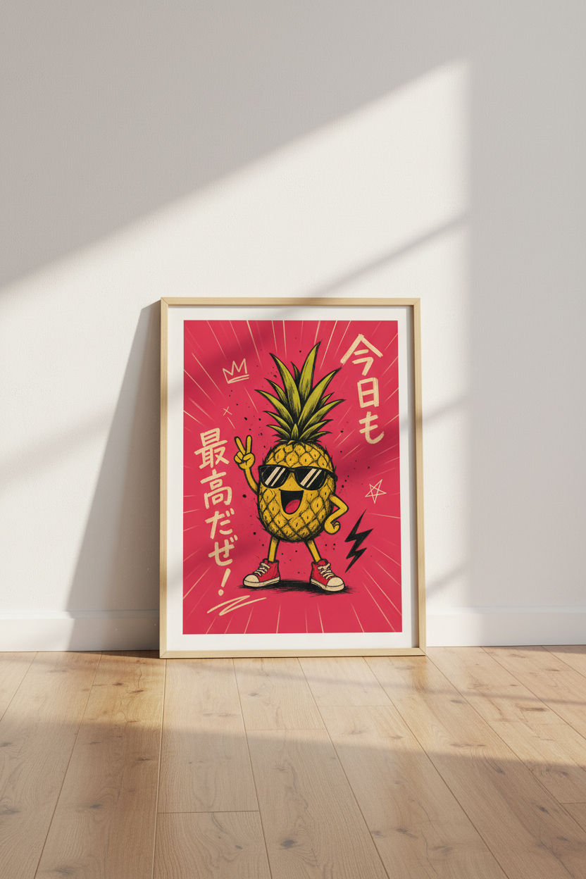 Cool Pineapple Japanese Pop Art Print | Pink Retro Fruit Poster | Kitchen Dorm Decor