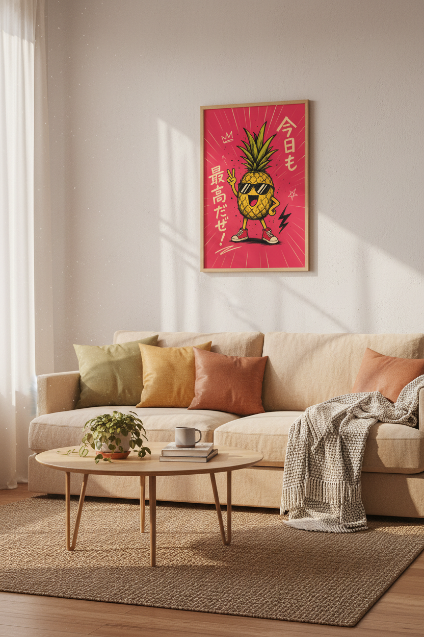Cool Pineapple Japanese Pop Art Print | Pink Retro Fruit Poster | Kitchen Dorm Decor
