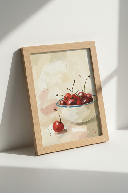 Red Cherry Bowl Oil Painting | Kitchen Wall Art Print, Impressionist Fruit Decor