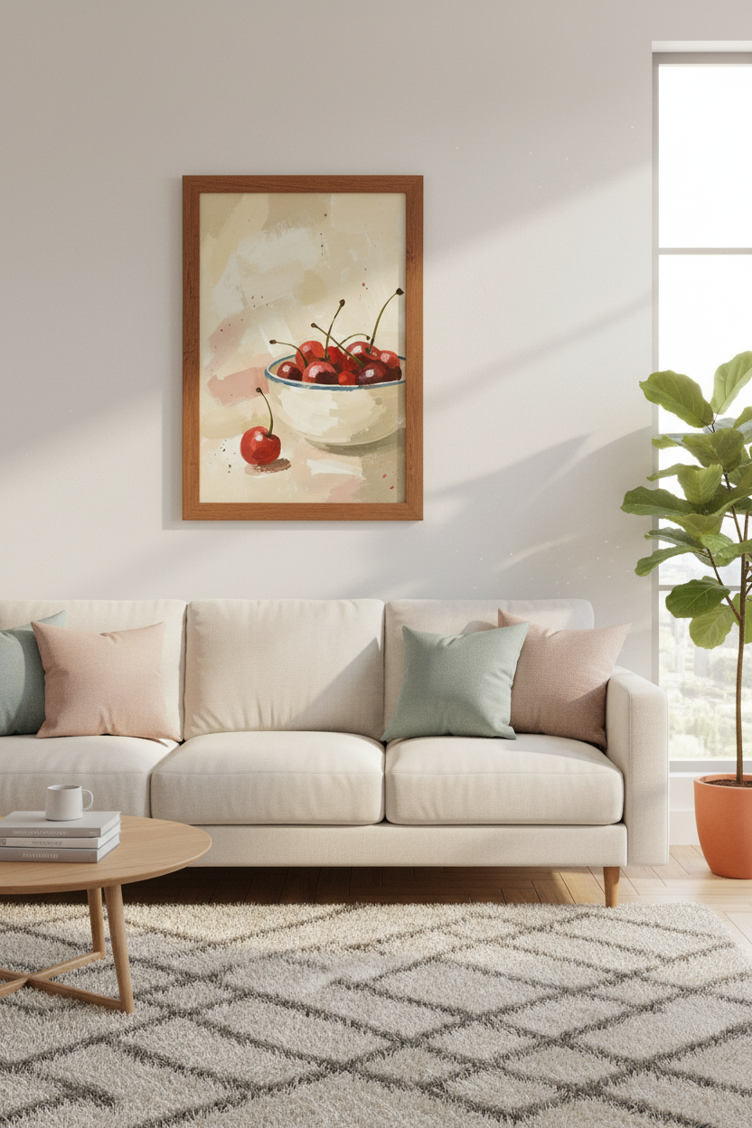 Red Cherry Bowl Oil Painting | Kitchen Wall Art Print, Impressionist Fruit Decor