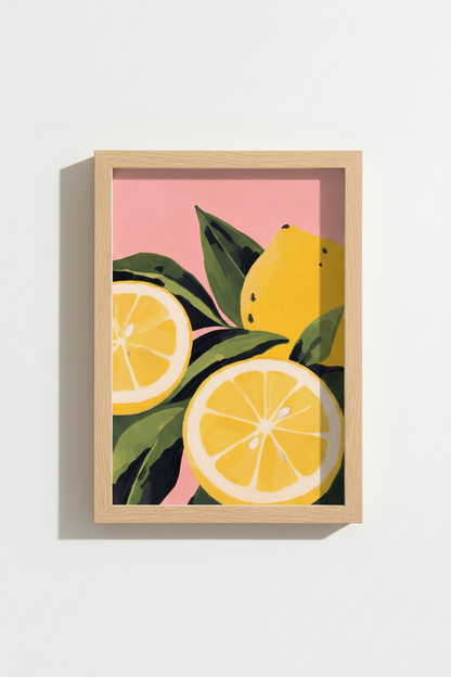 Mediterranean Lemon Wall Art Print | Pink &amp; Yellow Citrus Decor | Modern Kitchen Poster