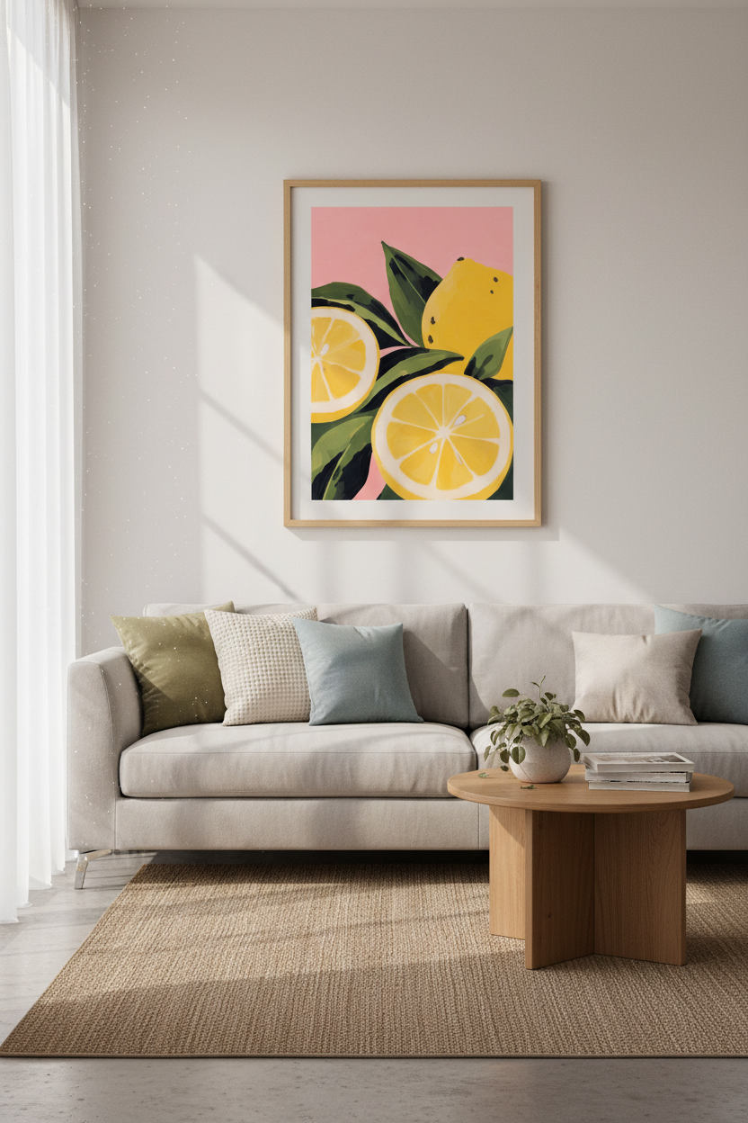 Mediterranean Lemon Wall Art Print | Pink &amp; Yellow Citrus Decor | Modern Kitchen Poster