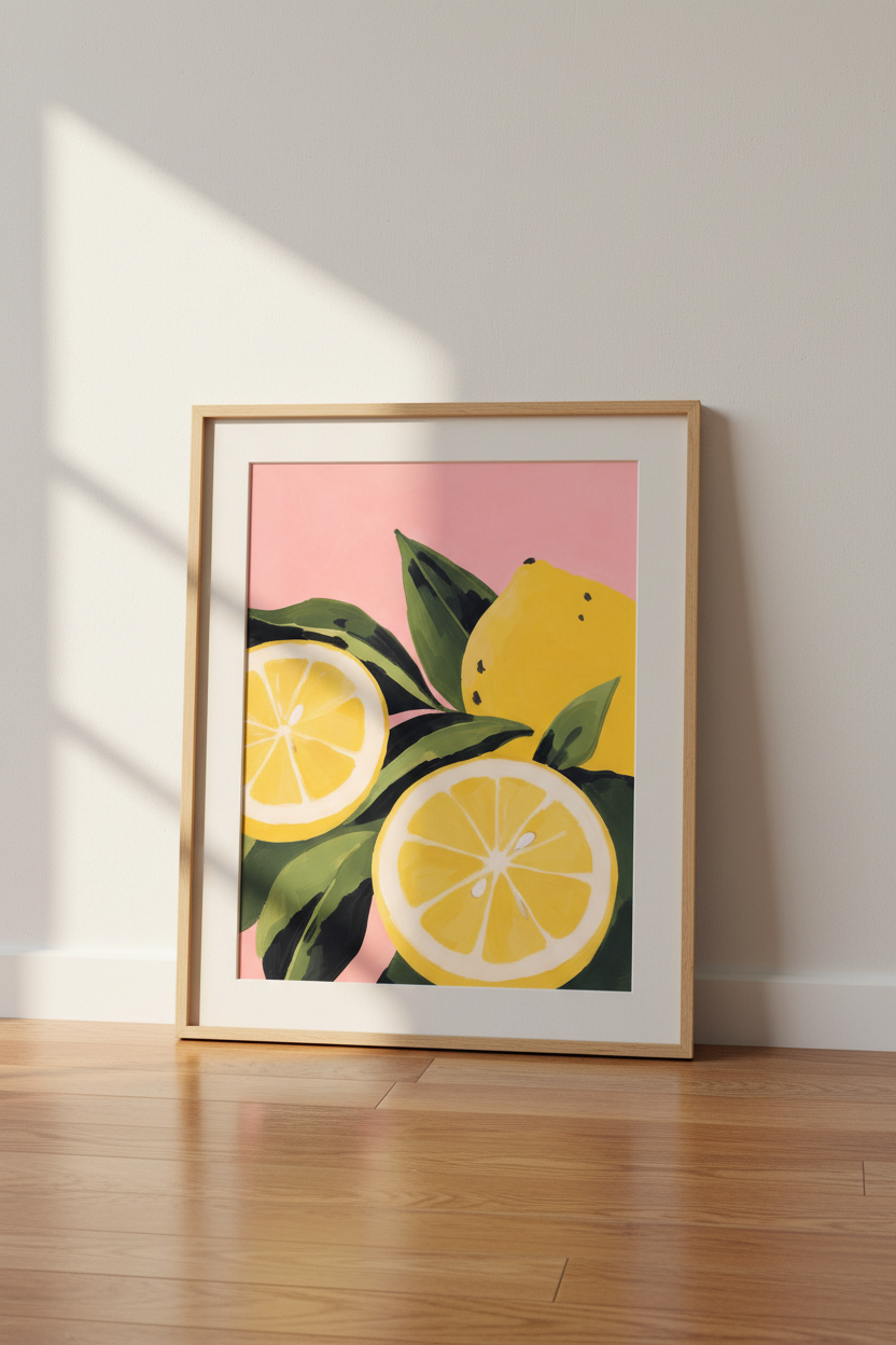 Mediterranean Lemon Wall Art Print | Pink &amp; Yellow Citrus Decor | Modern Kitchen Poster