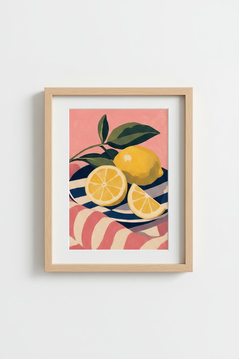 Lemon Kitchen Wall Art | Mediterranean Citrus Print, Pink Boho Foodie Poster