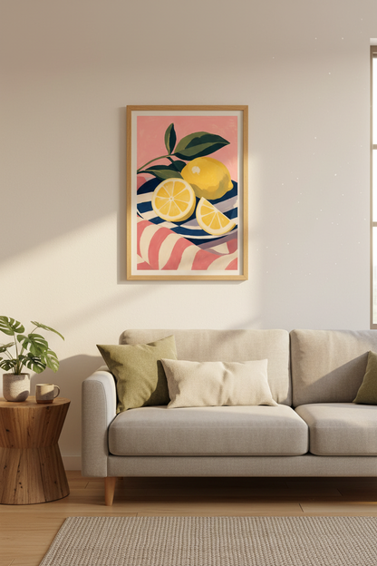 Lemon Kitchen Wall Art | Mediterranean Citrus Print, Pink Boho Foodie Poster