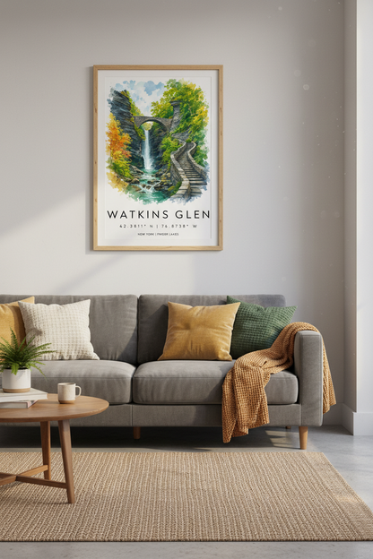 Watkins Glen Waterfall Art | Finger Lakes Watercolor Print, Nature Wall Decor