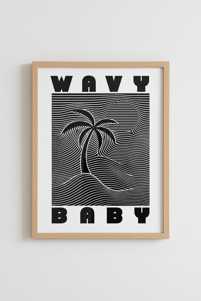 Wavy Baby Palm Tree Art | Black and White Retro Minimalist, Modern Living Room Decor