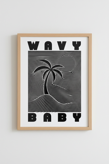 Wavy Baby Palm Tree Art | Black and White Retro Minimalist, Modern Living Room Decor