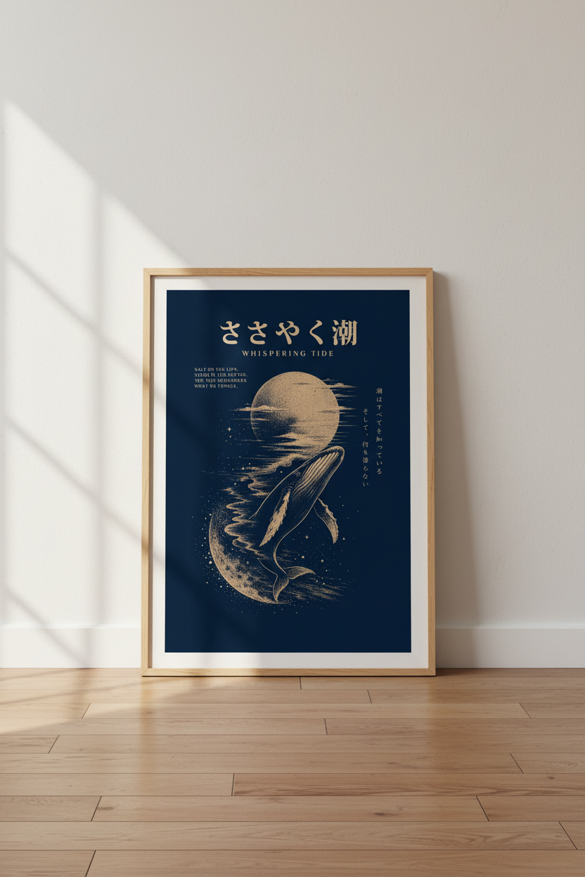 Whale Wall Art Print | Nautical Navy Gold, Living Room Decor | Celestial Poster