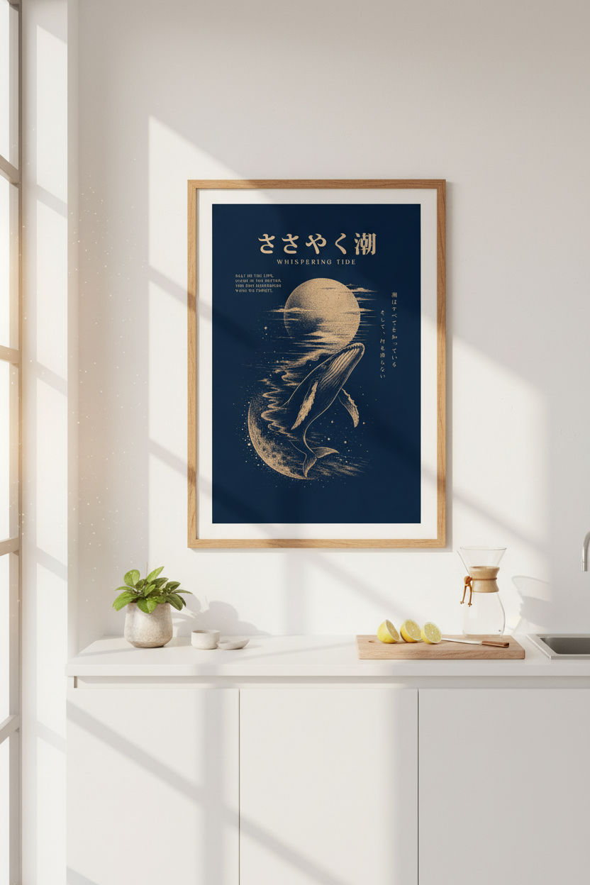 Whale Wall Art Print | Nautical Navy Gold, Living Room Decor | Celestial Poster