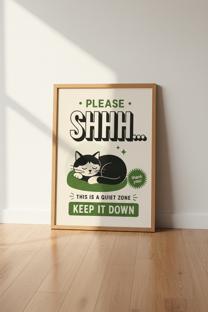 Quiet Zone Tuxedo Cat Art | Retro Green Sign, Home Office &amp; Library Decor