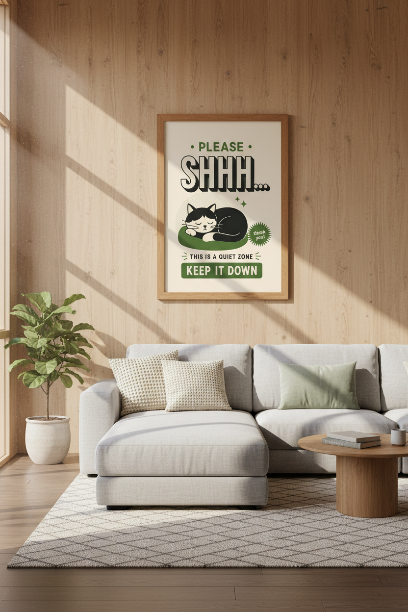 Quiet Zone Tuxedo Cat Art | Retro Green Sign, Home Office &amp; Library Decor