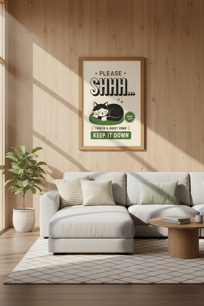 Quiet Zone Tuxedo Cat Art | Retro Green Sign, Home Office &amp; Library Decor