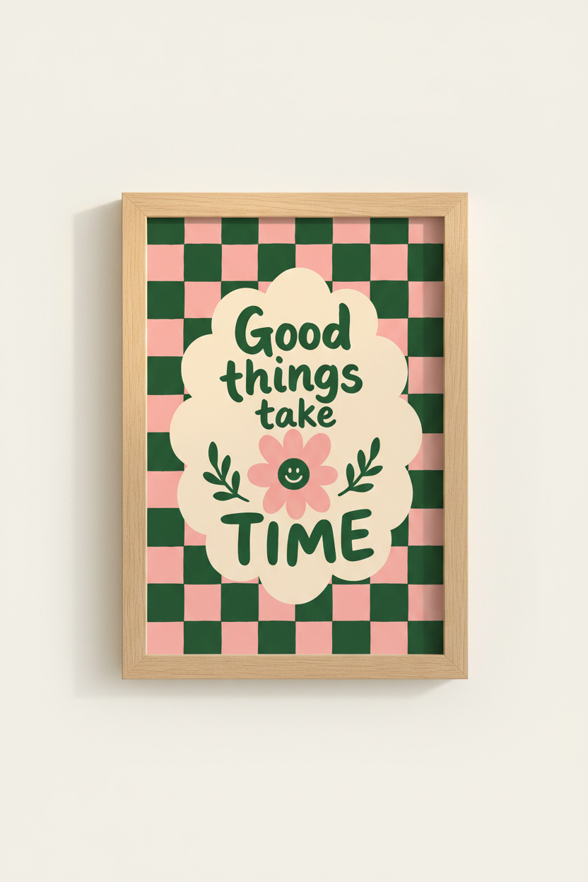 Retro Preppy Wall Art Print | Pink Green Daisy Poster | Trendy Checkered Room Decor
