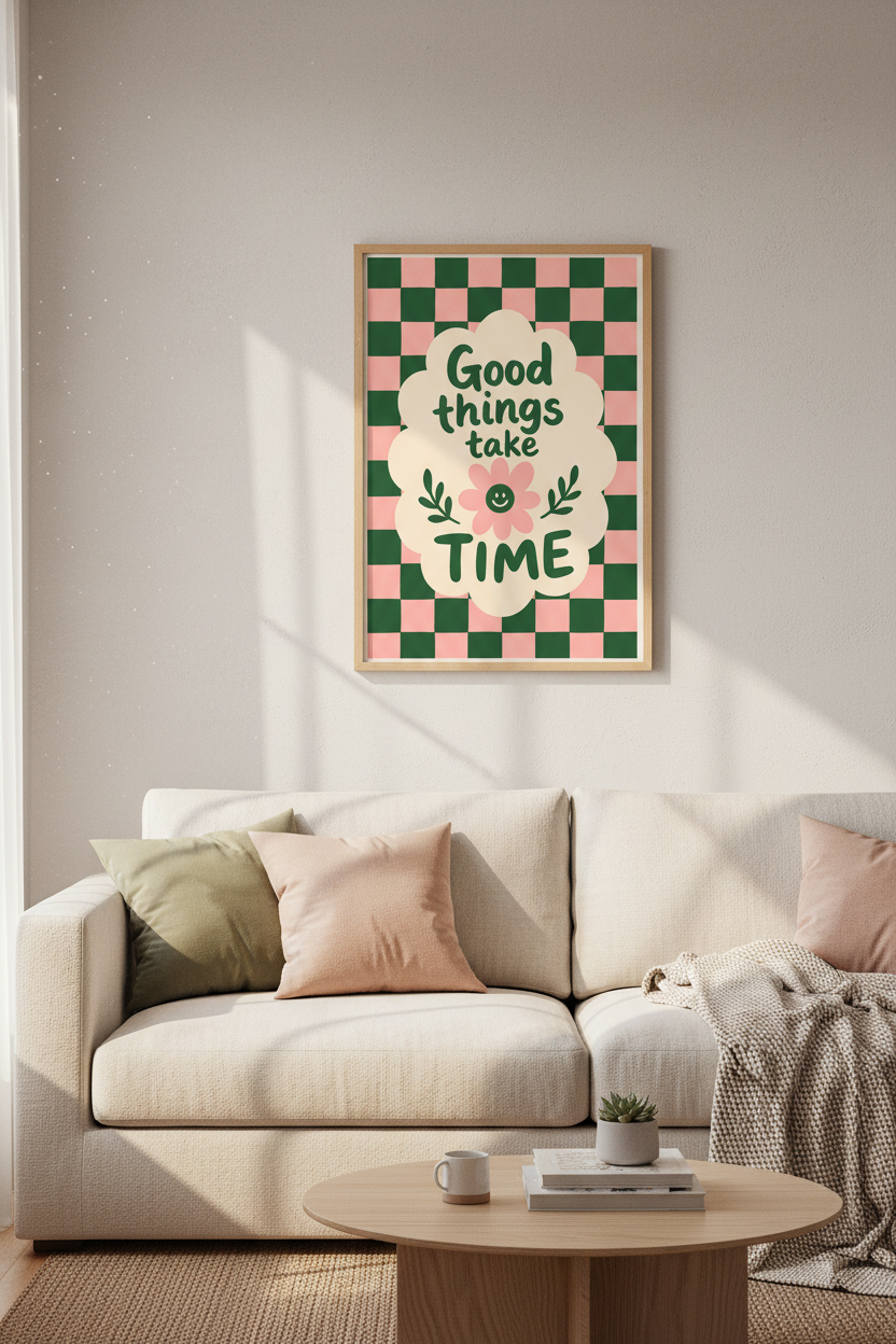 Retro Preppy Wall Art Print | Pink Green Daisy Poster | Trendy Checkered Room Decor