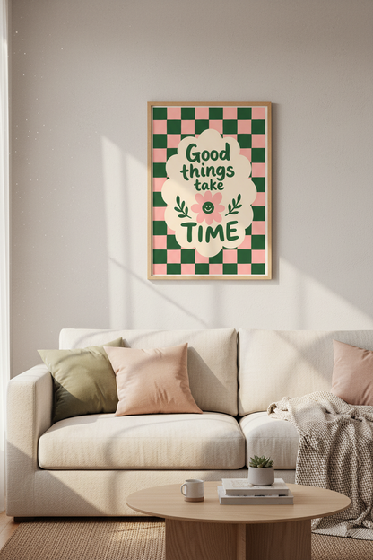 Retro Preppy Wall Art Print | Pink Green Daisy Poster | Trendy Checkered Room Decor