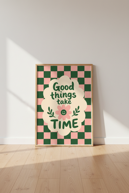 Retro Preppy Wall Art Print | Pink Green Daisy Poster | Trendy Checkered Room Decor