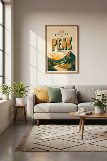 Explore the Peak Mountain Wall Art | Retro Adventure Poster, Cabin Decor