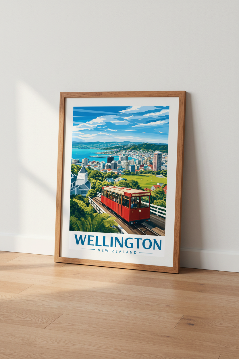 Wellington New Zealand Travel Poster | Retro Cable Car Wall Art Print | Coastal City Decor