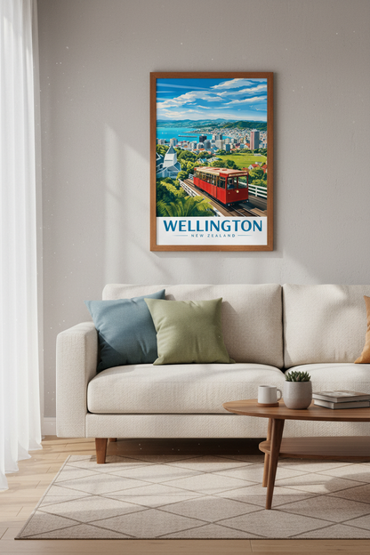 Wellington New Zealand Travel Poster | Retro Cable Car Wall Art Print | Coastal City Decor