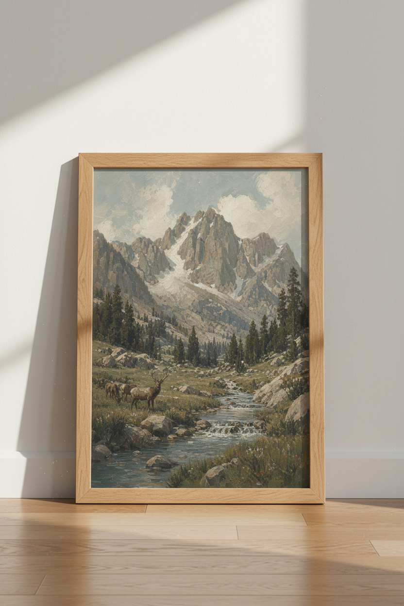 Mountain landscape wall art | Rustic Peaks, Dawn Blues | Living Room Decor