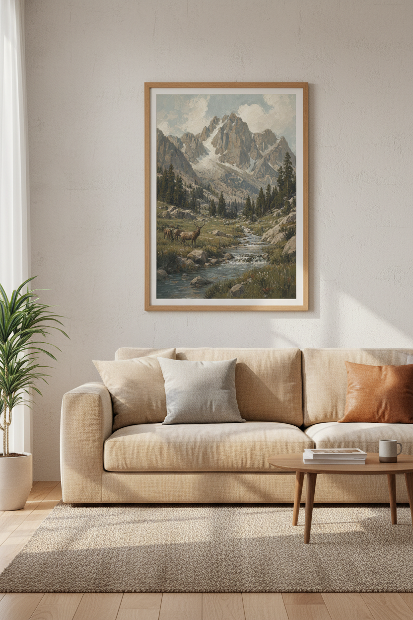 Mountain landscape wall art | Rustic Peaks, Dawn Blues | Living Room Decor