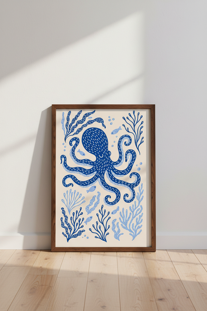 Blue Octopus Wall Art Print | Coastal Bathroom Decor | Nautical Folk Art Poster