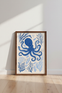 Blue Octopus Wall Art Print | Coastal Bathroom Decor | Nautical Folk Art Poster