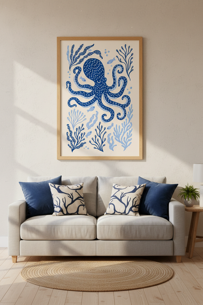 Blue Octopus Wall Art Print | Coastal Bathroom Decor | Nautical Folk Art Poster