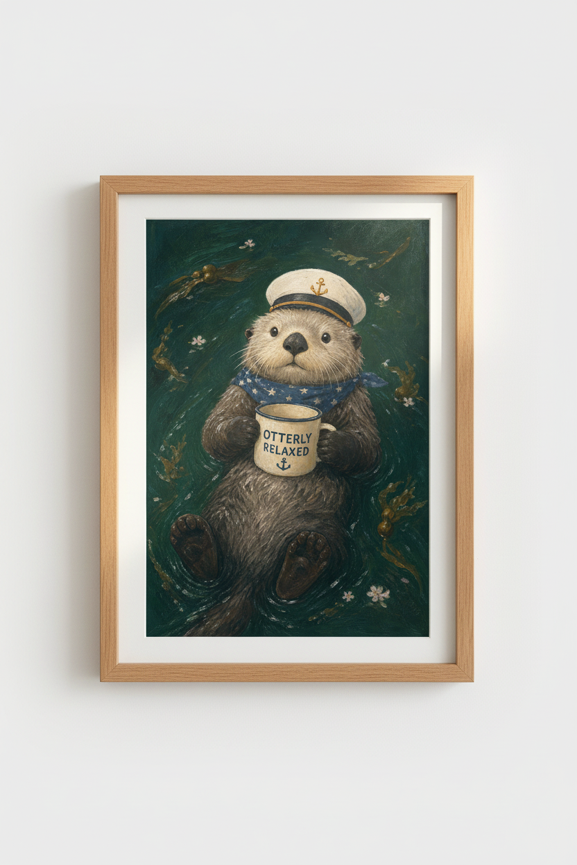 Nautical Otter Art Print | Coastal Nursery Decor | Whimsical Sea Captain Poster