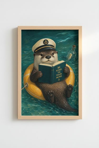 Otter Nautical Wall Art Print | Reading Captain Nursery Decor | Whimsical Animal Poster